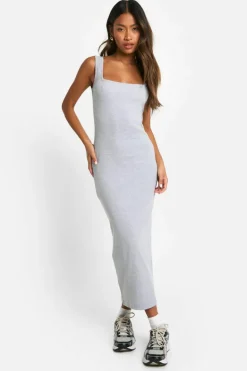 Bodycon Dresses*boohoo Basic Rib Square Neck Maxi grey marl