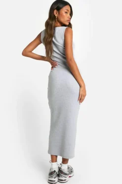 Bodycon Dresses*boohoo Basic Rib Square Neck Maxi grey marl