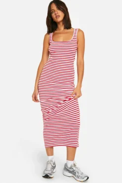 Bodycon Dresses|Maxi Dresses*boohoo Basic Rib Stripe Square Neck Maxi red