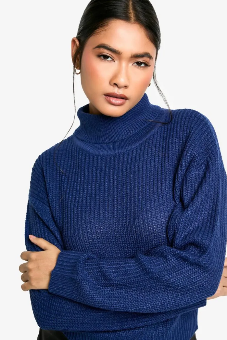 Jumpers*boohoo Basic Roll Neck Crop Jumper navy