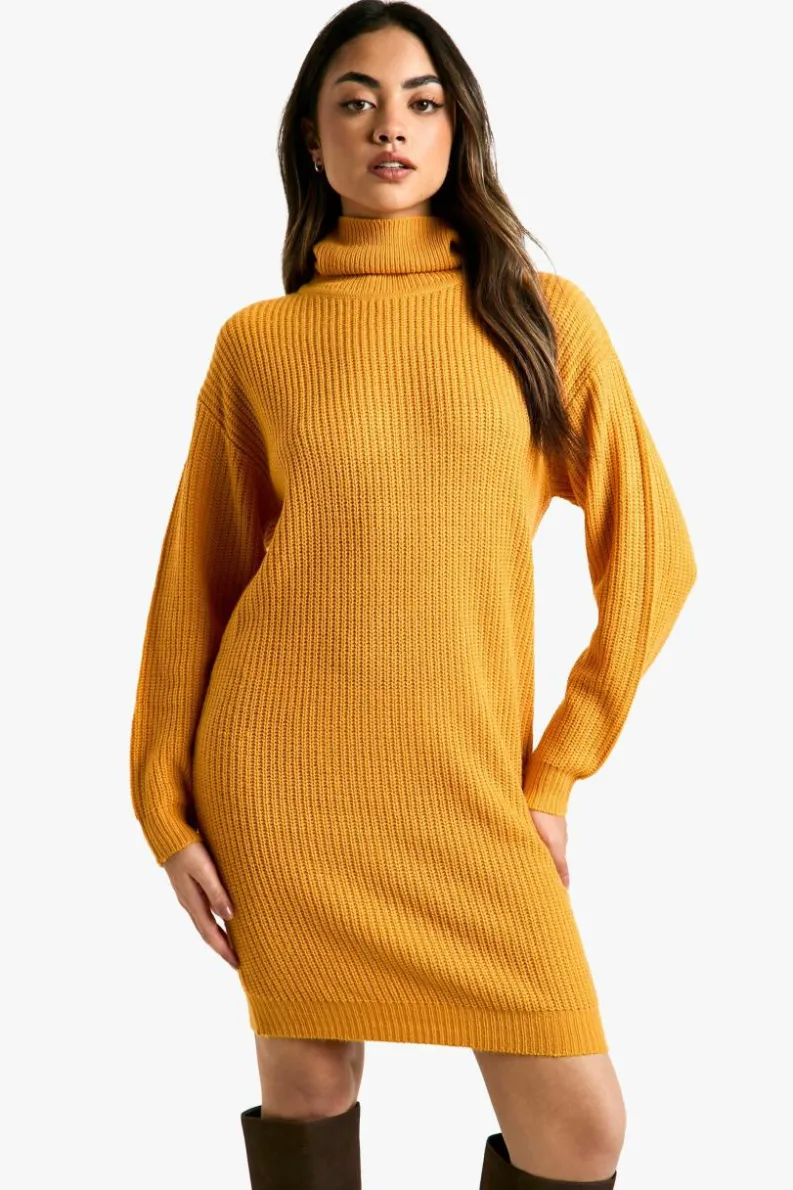 Jumper Dresses|Jumper Dresses*boohoo Basic Roll Neck Jumper Dress mustard