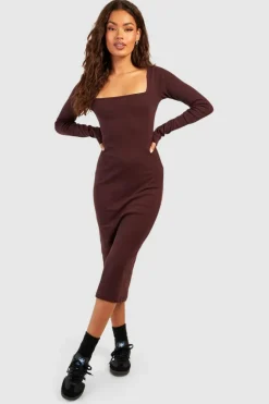 Midi Dresses*boohoo Basic Square Neck Midi Dress chocolate