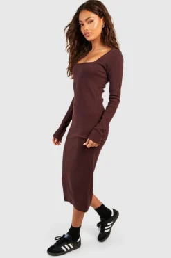 Midi Dresses*boohoo Basic Square Neck Midi Dress chocolate