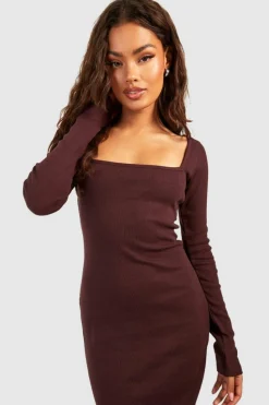 Midi Dresses*boohoo Basic Square Neck Midi Dress chocolate