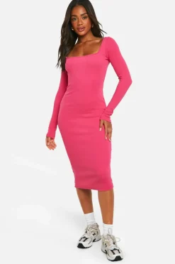 Midi Dresses*boohoo Basic Square Neck Midi Dress hot pink