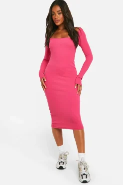 Midi Dresses*boohoo Basic Square Neck Midi Dress hot pink