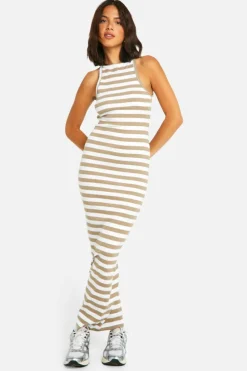 Bodycon Dresses*boohoo Basic Stripe Rib Racer Neck Maxi stone
