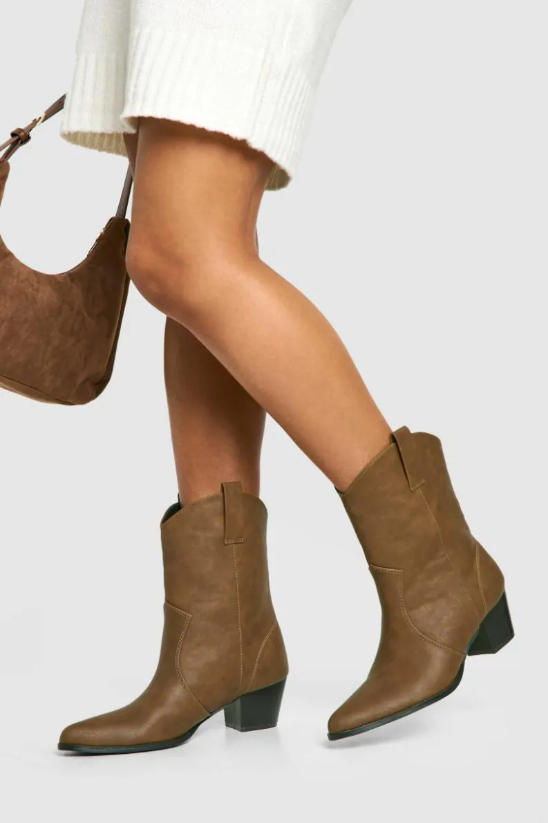 Cowboy Boots|Ankle Boots*boohoo Basic Tab Detail Western Cowboy Ankle Boots brown