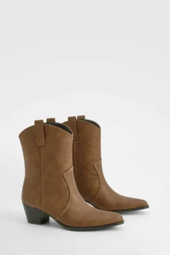 Cowboy Boots|Ankle Boots*boohoo Basic Tab Detail Western Cowboy Ankle Boots brown