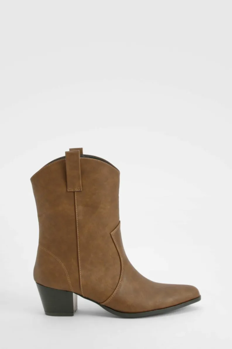 Cowboy Boots|Ankle Boots*boohoo Basic Tab Detail Western Cowboy Ankle Boots brown