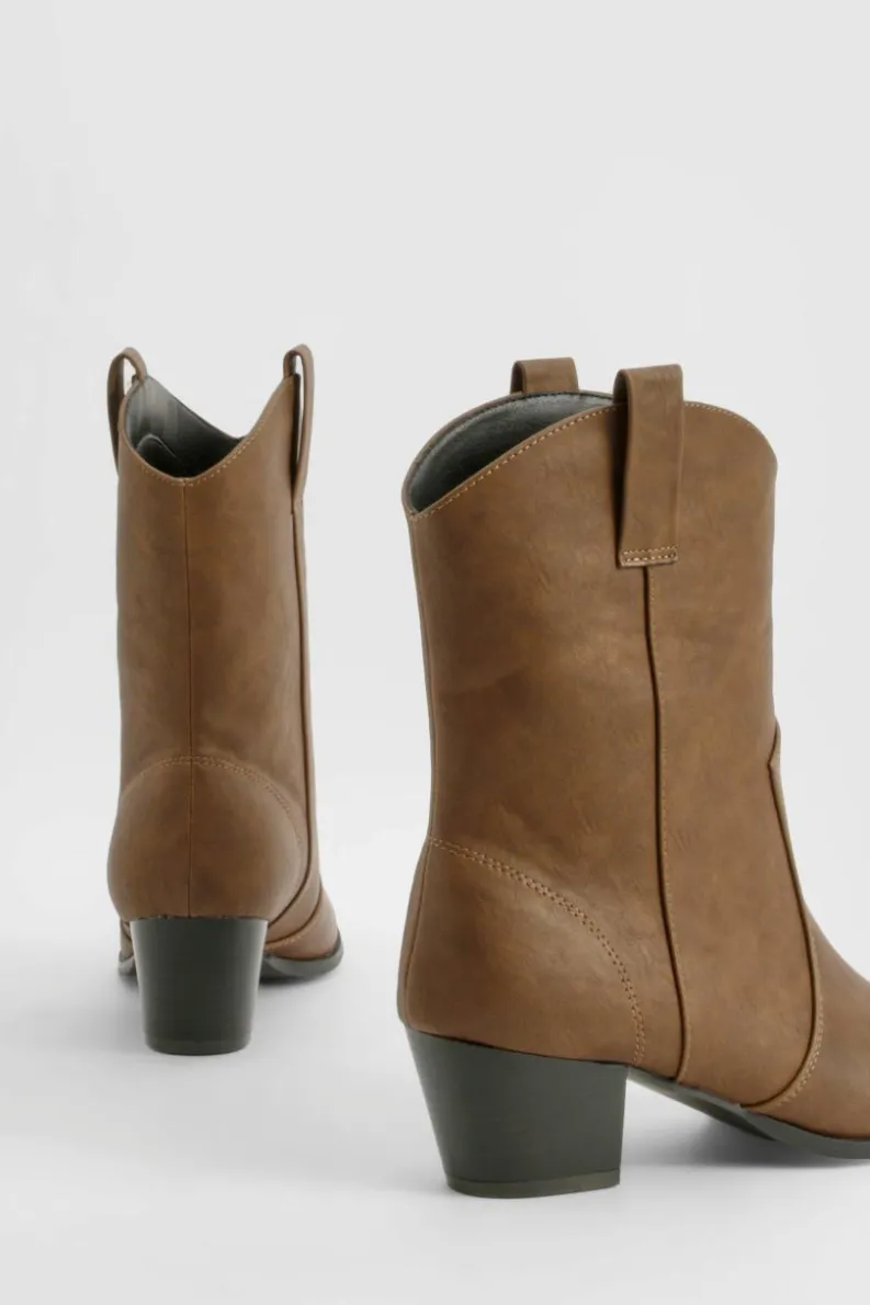 Cowboy Boots|Ankle Boots*boohoo Basic Tab Detail Western Cowboy Ankle Boots brown