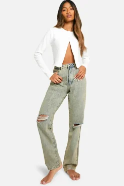 Up To 80% Off Winter Warmers|Denim*boohoo Basics 30 Inch Leg Wash High Waisted Straight Leg Ripped Knee Jeans sand