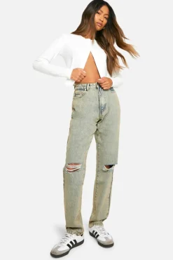 Up To 80% Off Winter Warmers|Denim*boohoo Basics 30 Inch Leg Wash High Waisted Straight Leg Ripped Knee Jeans sand