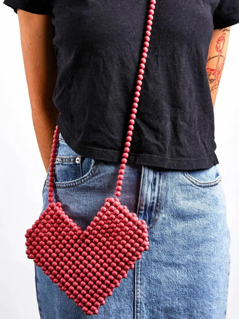 Cross-Body Bags*SVNX Beaded Heart Crossbody Bag in Vintage Pink Bright Pink