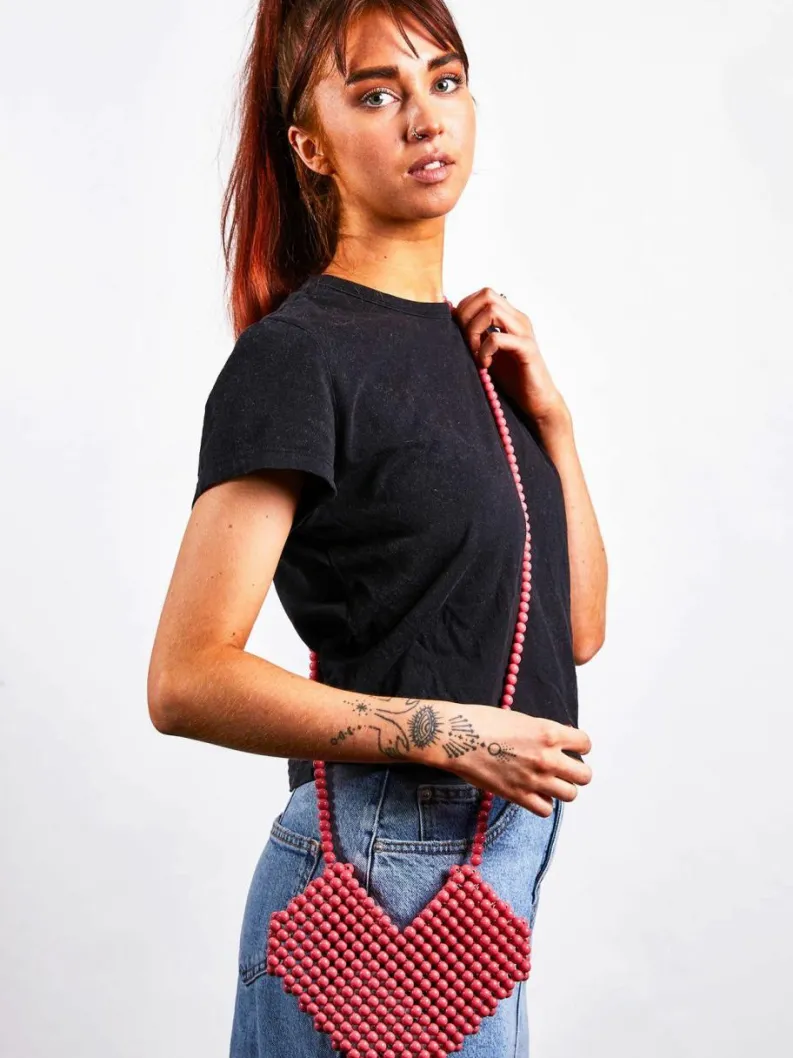 Cross-Body Bags*SVNX Beaded Heart Crossbody Bag in Vintage Pink Bright Pink