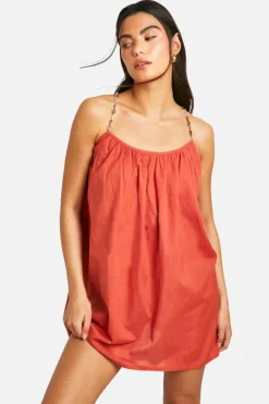 Smock Dresses*boohoo Beaded Strap Linen Look Mini Dress rust