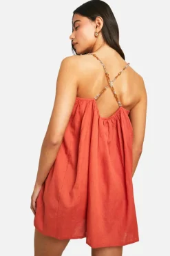 Smock Dresses*boohoo Beaded Strap Linen Look Mini Dress rust