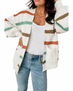 Cardigans*Azura Exchange Drop Shoulder Pocketed Stripe Sweater Cardigan Beige