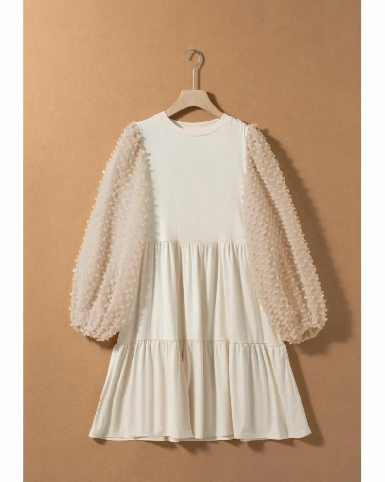A Line Dresses*Azura Exchange Embellished Puff Sleeve Tiered A-line Dress Beige