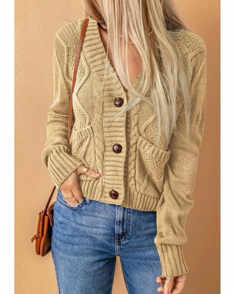Cardigans*Azura Exchange Front Pockets Buttons Textured Cardigan Beige