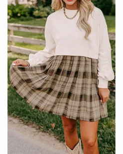 Shirt Dresses*Azura Exchange Plaid Patchwork High Waist Sweatshirt Mini Dress Beige