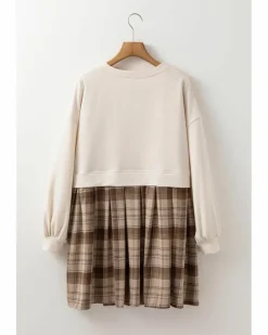 Shirt Dresses*Azura Exchange Plaid Patchwork High Waist Sweatshirt Mini Dress Beige