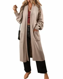 Cardigans*Azura Exchange Side Pockets Open Front Long Knitted Cardigan Beige
