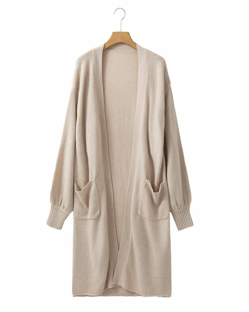 Cardigans*Azura Exchange Side Pockets Open Front Long Knitted Cardigan Beige
