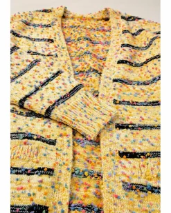 Cardigans*Azura Exchange Striped Pom Pom Knit Open Front Long Cardigan Beige