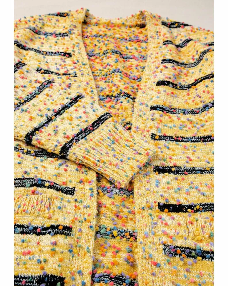 Cardigans*Azura Exchange Striped Pom Pom Knit Open Front Long Cardigan Beige