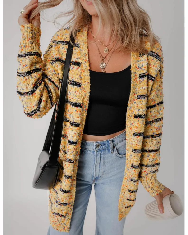 Cardigans*Azura Exchange Striped Pom Pom Knit Open Front Long Cardigan Beige