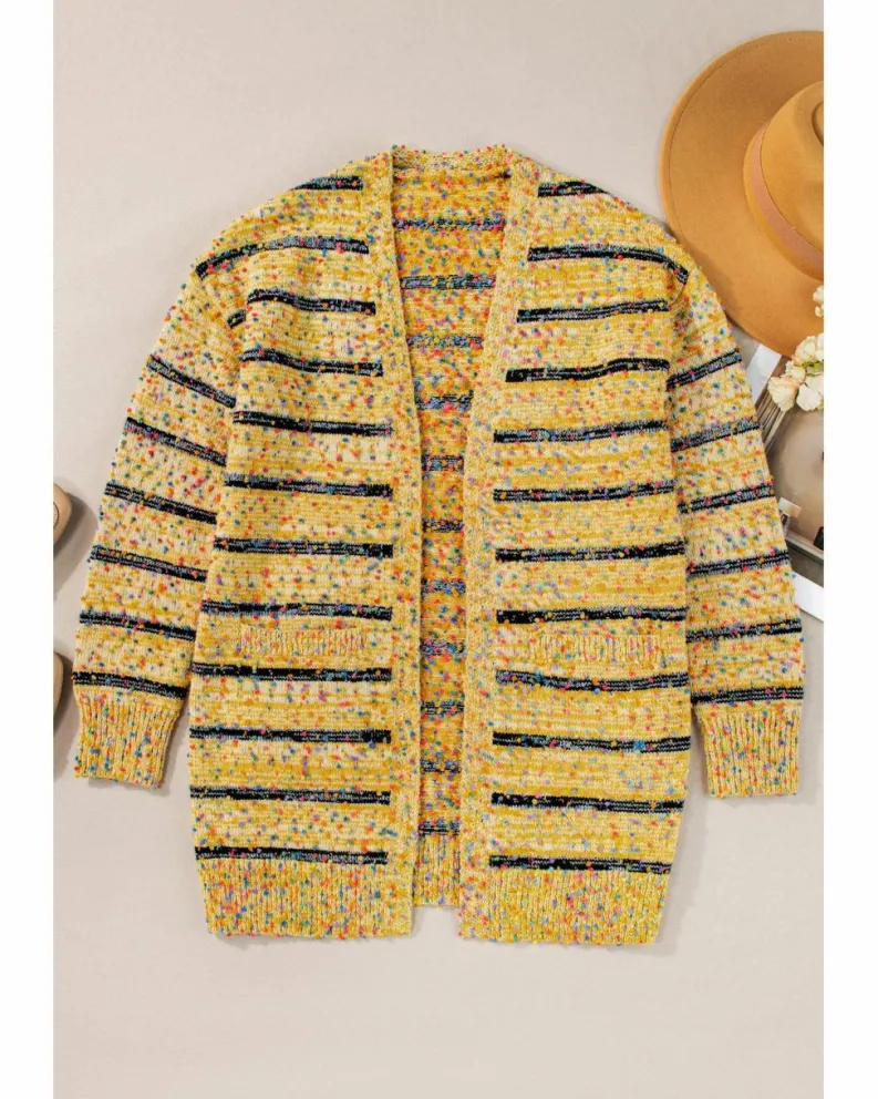 Cardigans*Azura Exchange Striped Pom Pom Knit Open Front Long Cardigan Beige
