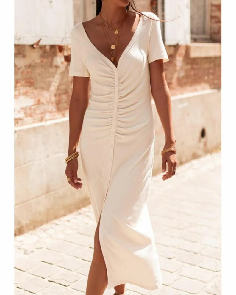 Shirt Dresses|T-Shirt Dresses*Azura Exchange V Neck Ruched Button Front French T-shirt Dress Beige