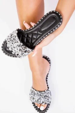 Sandals*Where's That From Belle' Diamante Sparkly Flat Sliders Black