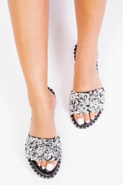 Sandals*Where's That From Belle' Diamante Sparkly Flat Sliders Black