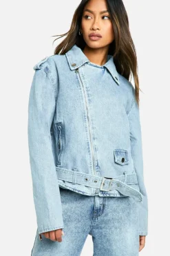 Up To 80% Off Winter Warmers|Biker Jackets*boohoo Belted Denim Biker Jacket light wash