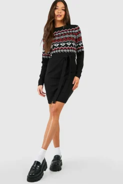 Jumper Dresses|Jumper Dresses*boohoo Belted Fairisle Christmas Jumper Dress black