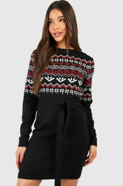 Jumper Dresses|Jumper Dresses*boohoo Belted Fairisle Christmas Jumper Dress black