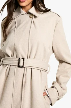 Up To 80% Off Winter Warmers|Wool Look Coats*boohoo Belted Herringbone Wool Look Coat stone