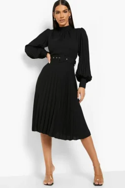 Skater Dresses|Mini Dresses*boohoo Belted High Neck Pleated Skater Dress black