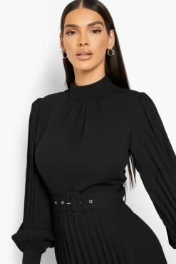 Skater Dresses|Mini Dresses*boohoo Belted High Neck Pleated Skater Dress black