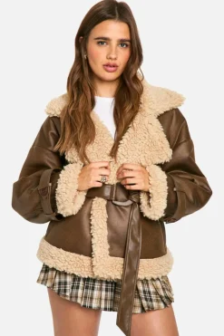 Up To 80% Off Winter Warmers|Aviator Jackets*boohoo Belted Luxe Teddy Trim Jacket brown