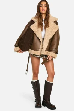 Up To 80% Off Winter Warmers|Aviator Jackets*boohoo Belted Luxe Teddy Trim Jacket brown