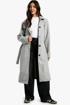 Up To 80% Off Winter Warmers|Wool Look Coats*boohoo Belted Wool Look Coat grey marl