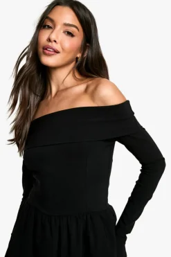 Skater Dresses*boohoo Bengaline bardot fold over skater dress black
