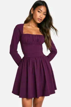 Skater Dresses|Mini Dresses*boohoo Bengaline Corset Long Sleeve Skater Dress plum