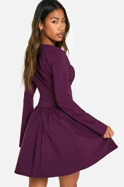 Skater Dresses|Mini Dresses*boohoo Bengaline Corset Long Sleeve Skater Dress plum