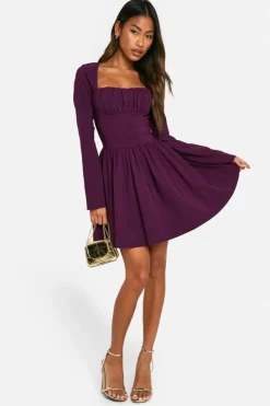 Skater Dresses|Mini Dresses*boohoo Bengaline Corset Long Sleeve Skater Dress plum