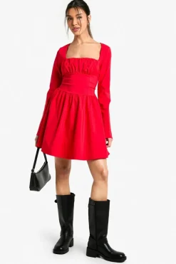 Skater Dresses*boohoo Bengaline Corset Long Sleeve Skater Dress red