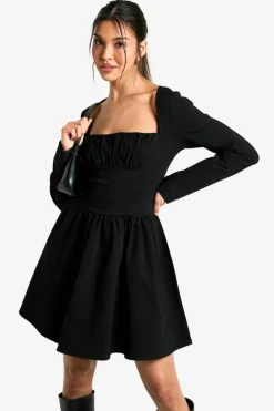 Skater Dresses*boohoo Bengaline Corset Long Sleeve Skater Dress black